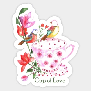 Cup of love, red and yellow birds on a pink floral cup Sticker